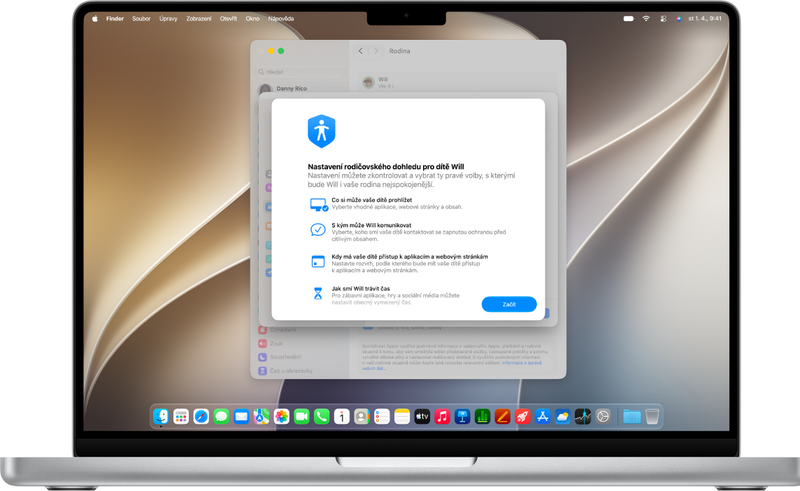 MacBook se zobrazenou volbou pro nastavení rodičovského dohledu pro dítě.