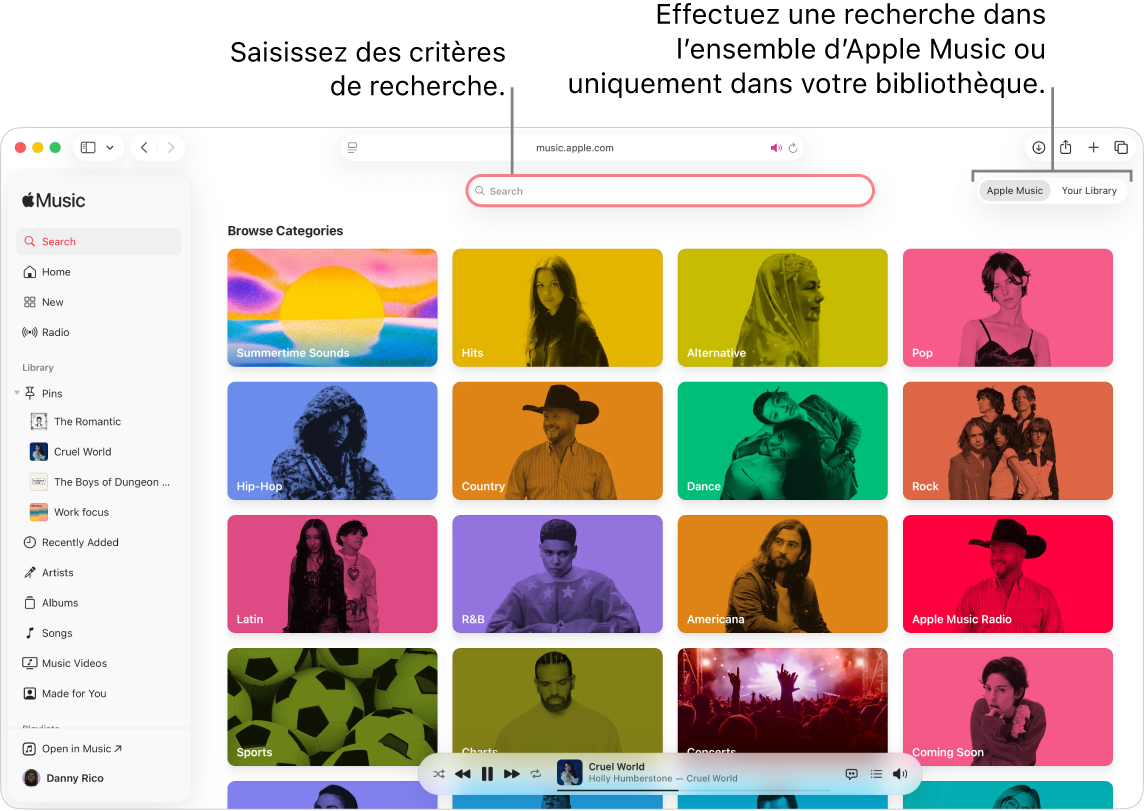 La fenêtre Apple&nbsp;Music, avec le champ de recherche en haut, la liste de catégories au centre de la fenêtre et les options «&nbsp;Apple&nbsp;Music&nbsp;» et «&nbsp;Votre bibliothèque&nbsp;» dans le coin supérieur droit.