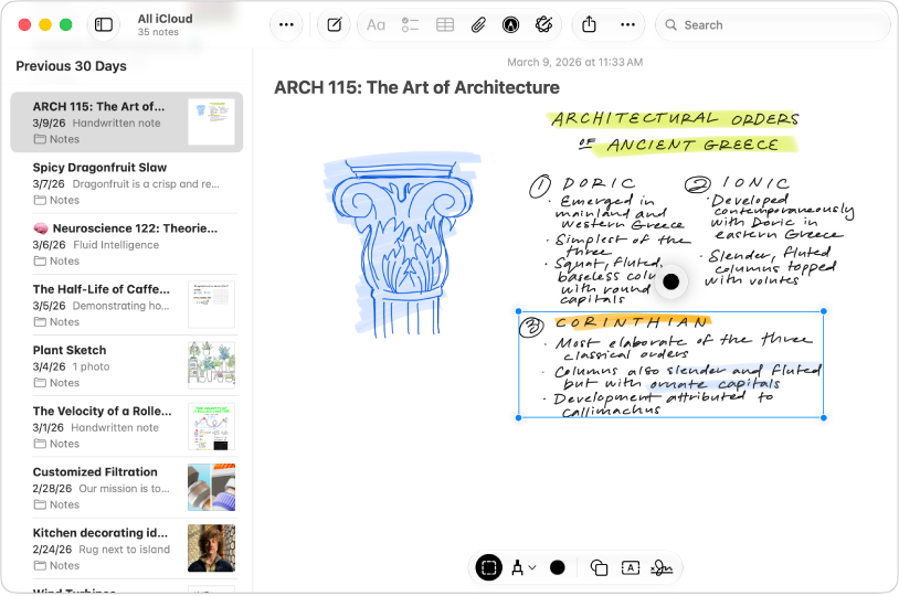 A Notes app window on Mac showing drawings and handwriting in the note body.