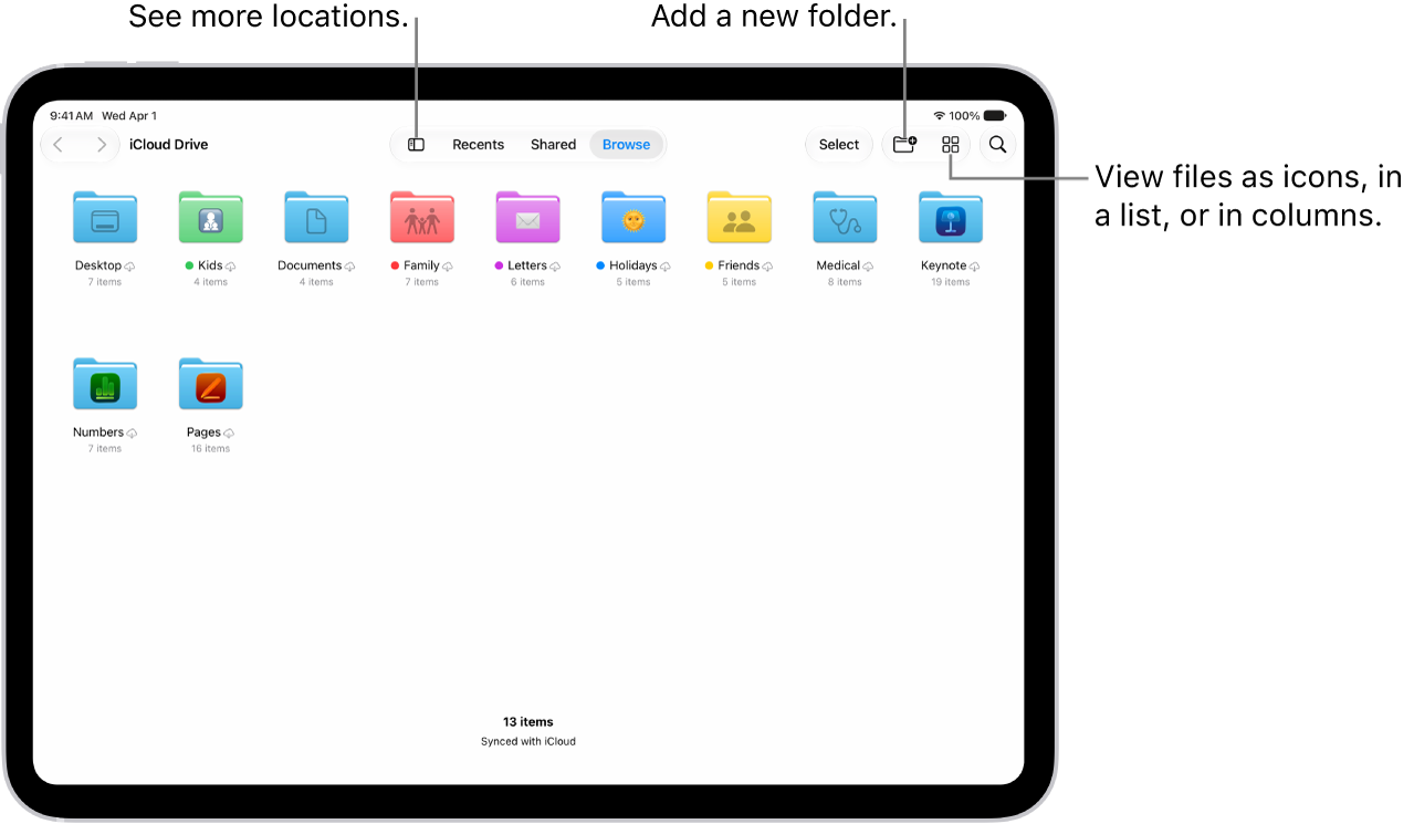 The Files app displaying multiple folders and locations named Downloads, Letters, Family, and so on. At the bottom of the screen are buttons for Recent files, Shared files, and the Browse tab.