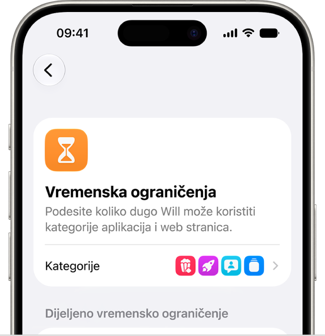 Okno postavki Vremenska ograničenja u značajci Vrijeme uporabe zaslona.
