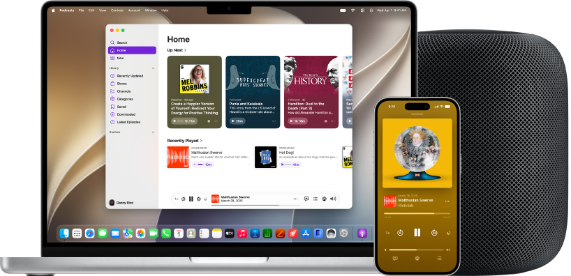The Apple Podcasts app on a Mac and iPhone, with a HomePod in the background.