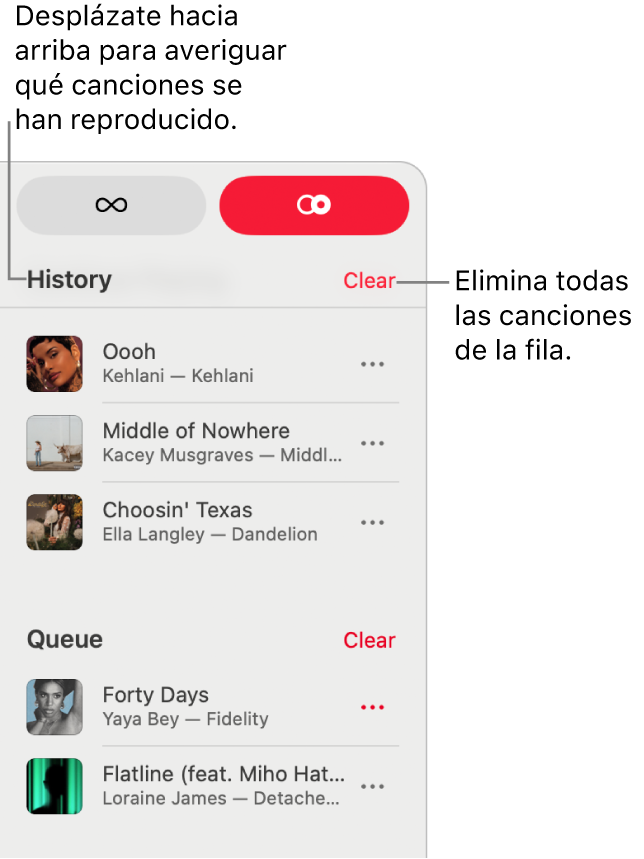 La fila es visible en la esquina superior derecha de Apple&nbsp;Music. Aparecen las secciones Historial y Fila.