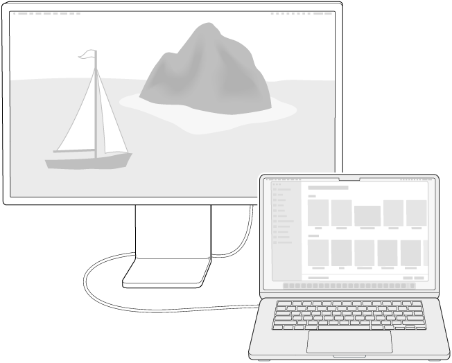 Un moniteur connecté à un MacBook&nbsp;Air avec le bureau étendu sur les deux&nbsp;écrans.