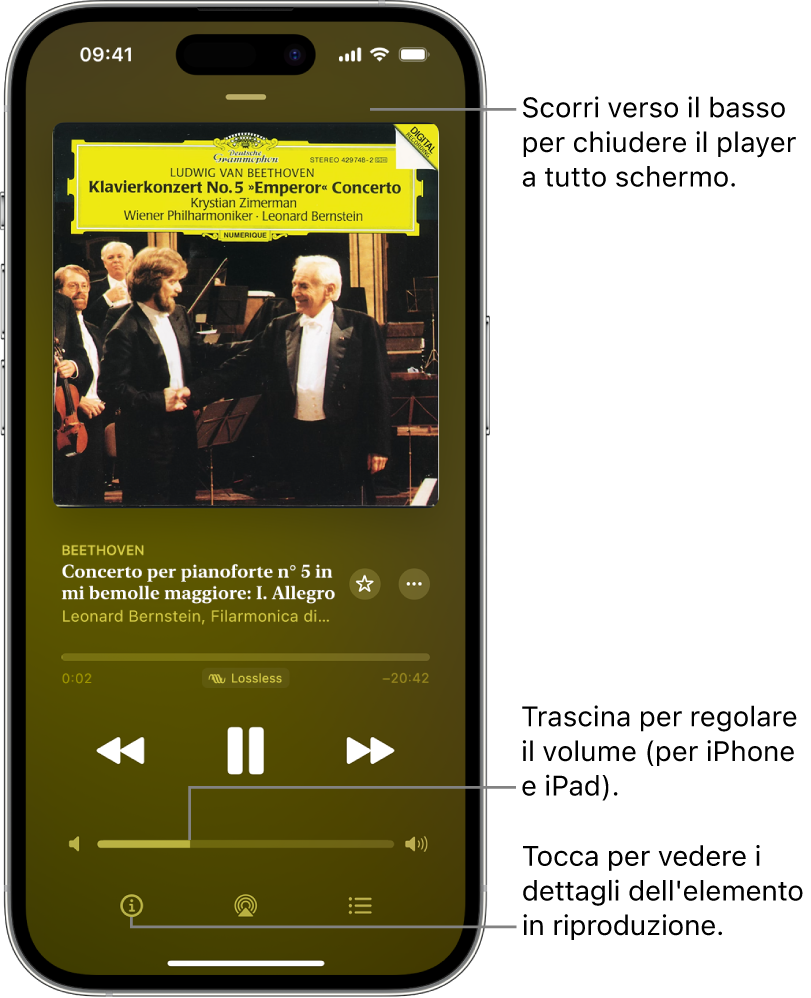 iPhone con la schermata “In riproduzione” in Apple Music Classical. Nella parte superiore dello schermo, è presente una barra grigia che è possibile toccare per nascondere la schermata “In riproduzione” e tornare al mini player. Sotto alla barra è presente la copertina dell'album, il nome dell'opera e la timeline di riproduzione che mostra la durata complessiva della traccia e quanto tempo è trascorso. Nella parte inferiore dello schermo sono visibili i pulsanti per tornare indietro, mettere in pausa, mandare avanti, il controllo del volume e le opzioni Info, AirPlay e Prossimo.