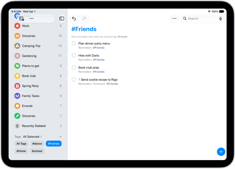 A Reminders screen showing the Tag Browser at the bottom left with All Tags selected. On the right is a list of all items with tags.