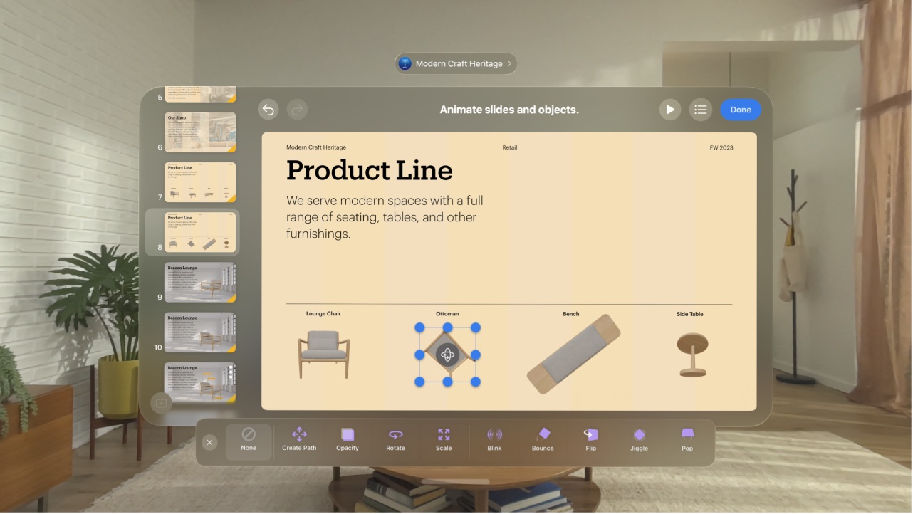 The Keynote app on Apple&nbsp;Vision&nbsp;Pro, showing the animation options for an object on a slide.