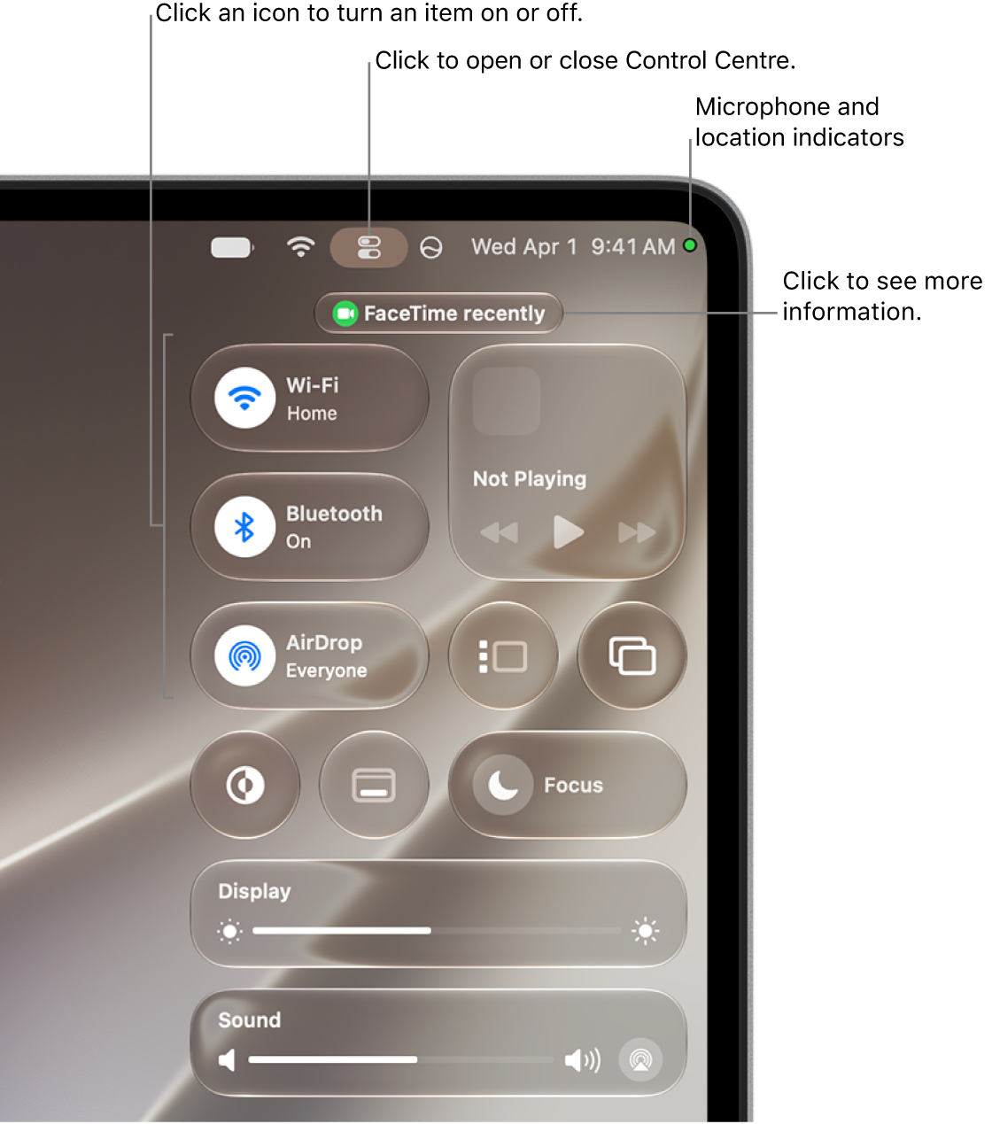 Control Centre in the top-right portion of the screen, showing controls for Wi-Fi, Focus, Sound and Now Playing, among others.