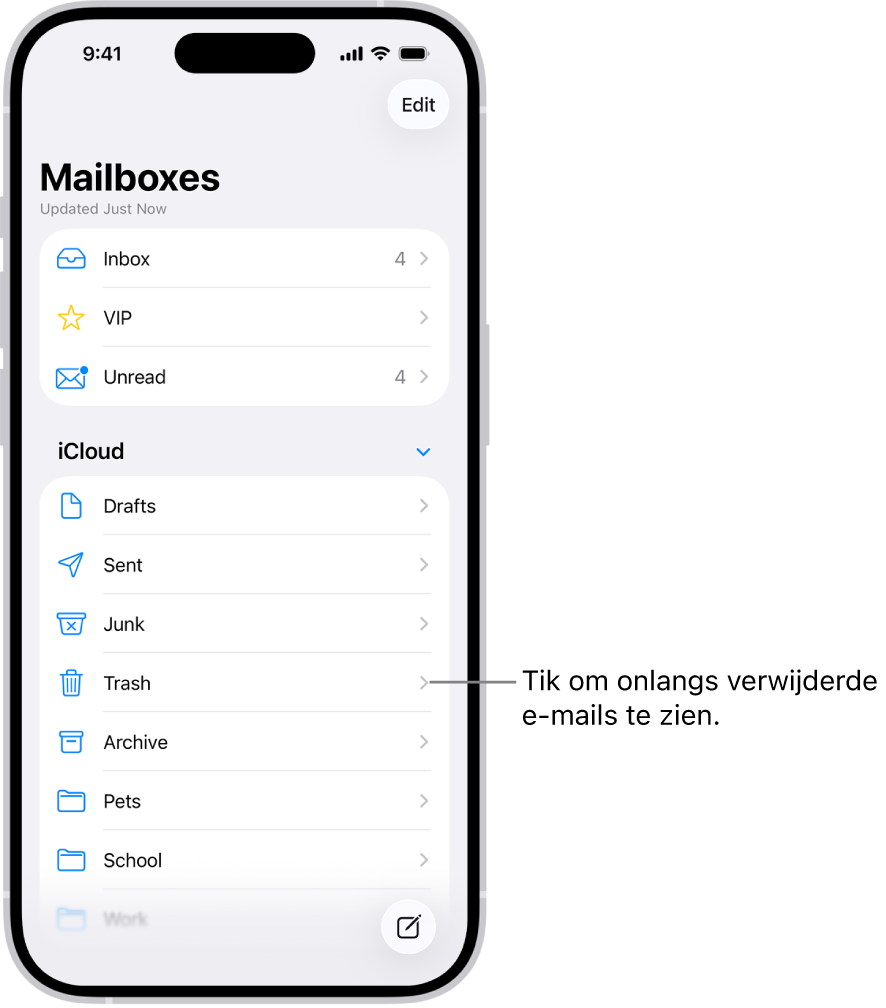 Het scherm 'Postbussen'. Onder 'iCloud' wordt een lijst met postbussen weergegeven, waaronder de postbus 'Prullenmand'. Tik erop om onlangs verwijderde berichten te zien.