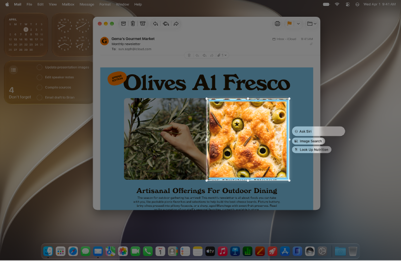 A Mac screen showing a Mail message, a Reminders list called Camping Trip and a Siri app window with a new reminder.