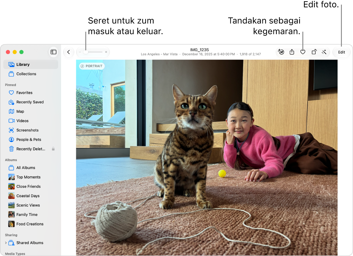 Tetingkap Foto menunjukkan foto dibesarkan di sebelah kanan dan baris imej kecil di bawah. Bar alat di bahagian atas termasuk gelangsar Zum, butang Kegemaran dan butang Edit.