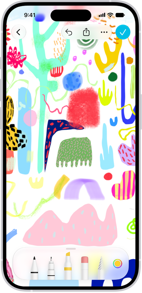 Um iPhone com o app Freeform e seu menu de ferramentas de desenho aberto. O quadro inclui manuscrito e desenhos.