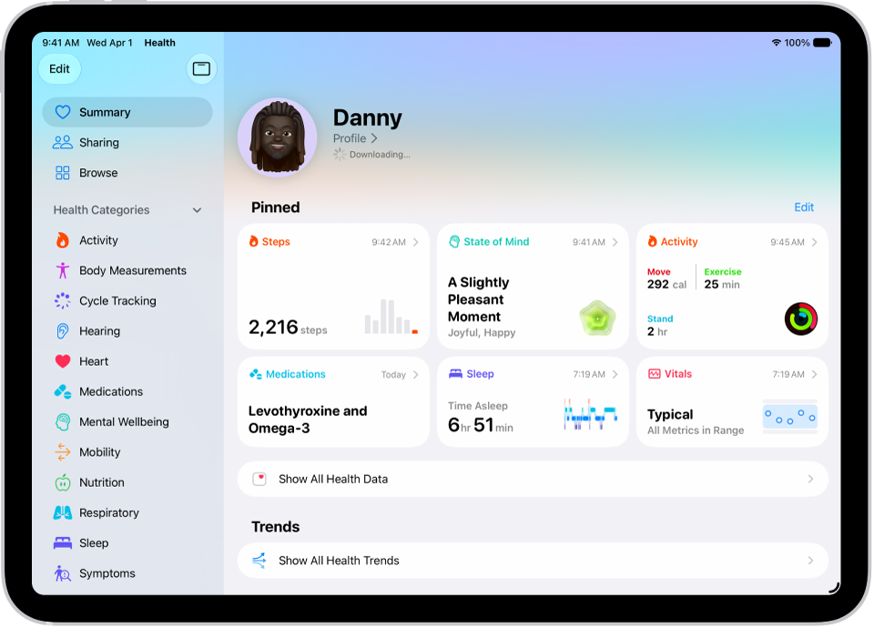 The Summary screen in Health. Information about steps, state of mind, activity, medications, sleep, and vitals appears below Pinned.
