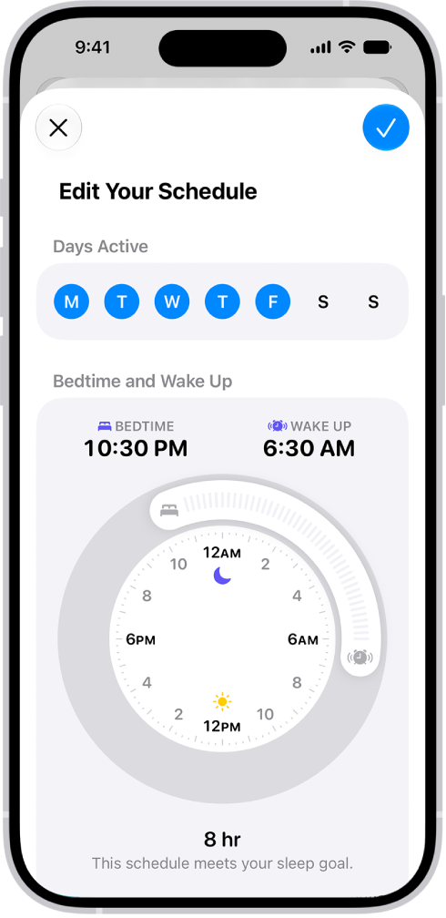 The edit your sleep schedule screen in Health, with a Days Active section and a Bedtime and Wake Up clock.