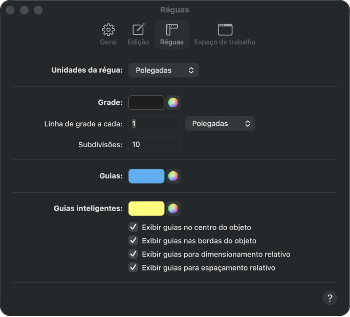 O painel de ajustes das réguas.