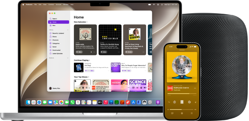 The Podcasts app on Mac and iPhone, with HomePod in the background.