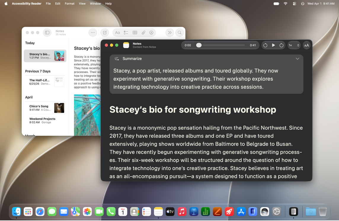 The Books app and Accessibility Reader windows are open on the desktop. Text from the Books app is displayed in Accessibility Reader in large font on a black background.