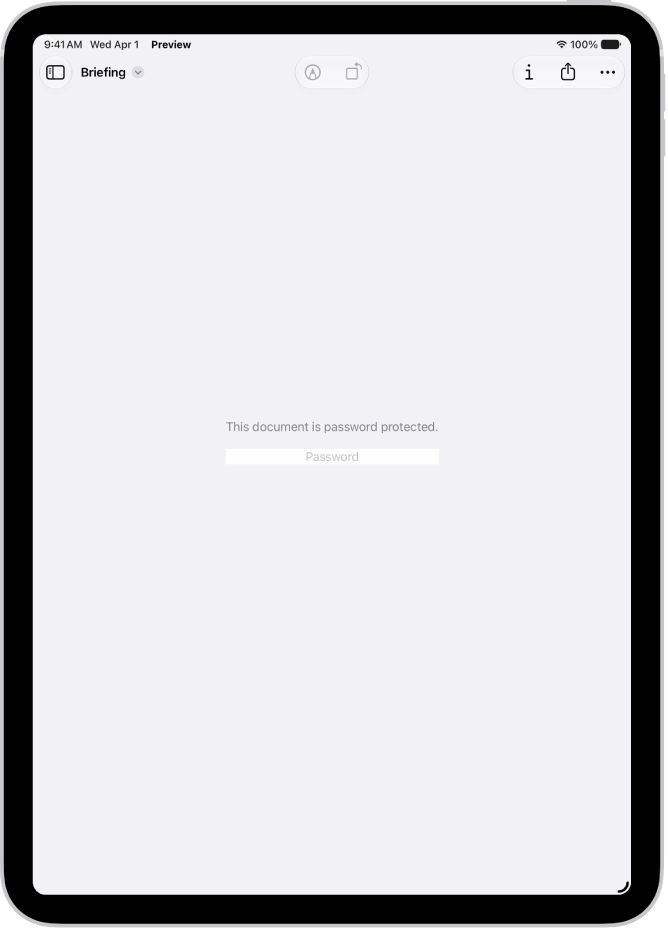 A locked PDF form in the Preview app showing a password field. At the bottom of the screen are the Markup, Info, and Share buttons.