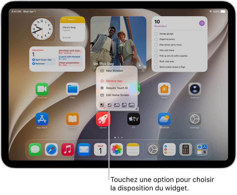 Un écran d’accueil affichant le menu local d’une app en cours d’utilisation afin de transformer une icône d’app en un widget de l’app.