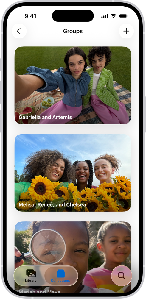 Im Bereich „Personen & Haustiere“ der App „Fotos“ ist „Gruppen“ geöffnet und zeigt eine Liste mit Sammlungen an, die mit den Namen der Personen in der jeweiligen Gruppe benannt sind.