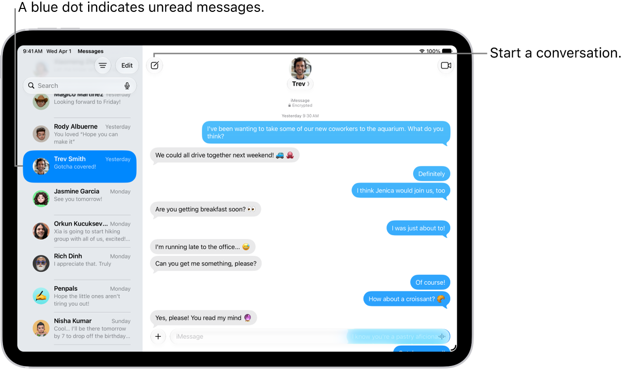 A Messages conversation list on the left and a conversation transcript on the right. An unread messages is marked with a blue dot.