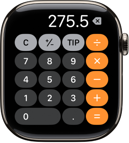 Το Apple&nbsp;Watch όπου εμφανίζεται η εφαρμογή «Αριθμομηχανή». Η οθόνη εμφανίζει ένα τυπικό πληκτρολόγιο αριθμών με μαθηματικές συναρτήσεις στα δεξιά. Στο πάνω μέρος, εμφανίζονται τα κουμπιά C, συν ή πλην, και Φιλοδώρημα.