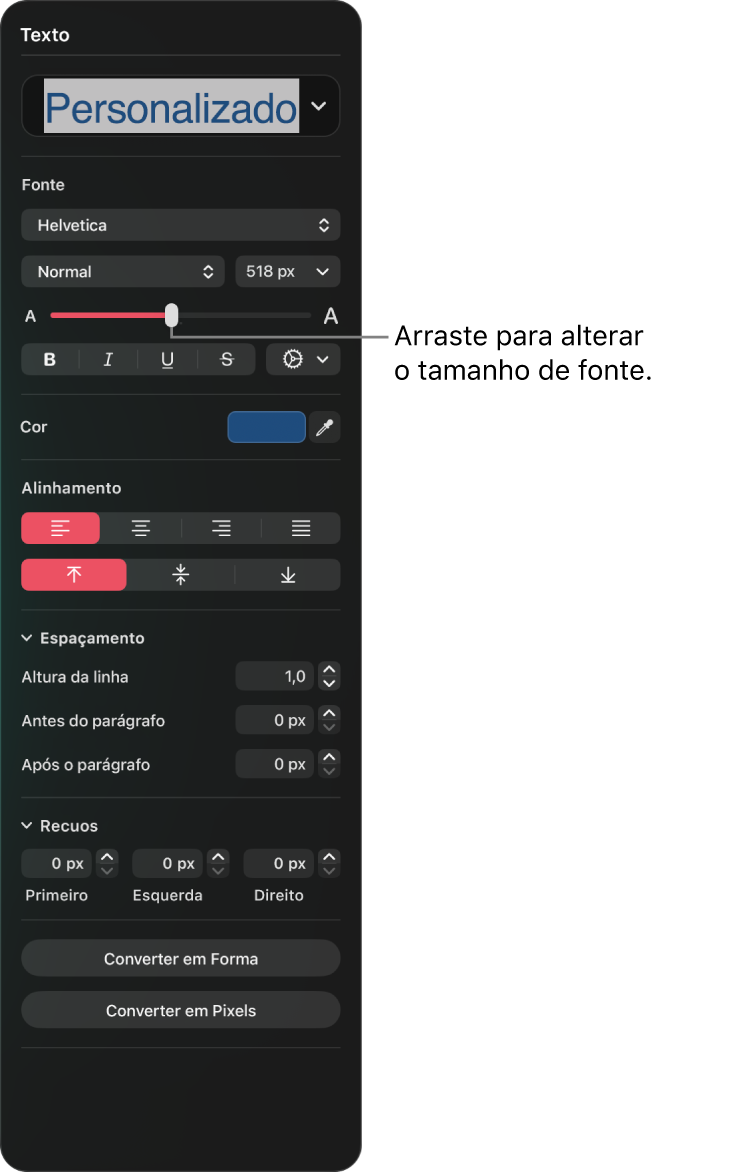 O painel Tipo mostrando um controle deslizante para aumentar o tamanho do Tipo