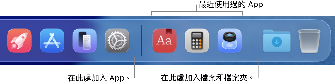 一部分的 Dock，顯示 App、最近使用過的 App 和檔案與檔案夾之間的分隔線。