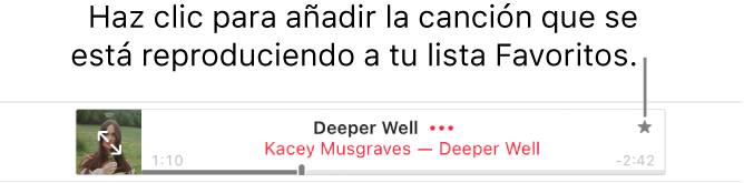 La parte superior de Apple Music con una canción en reproducción. Haz clic en el botón Favoritos a la derecha del título de la canción para marcar la canción que está sonando como favorita.