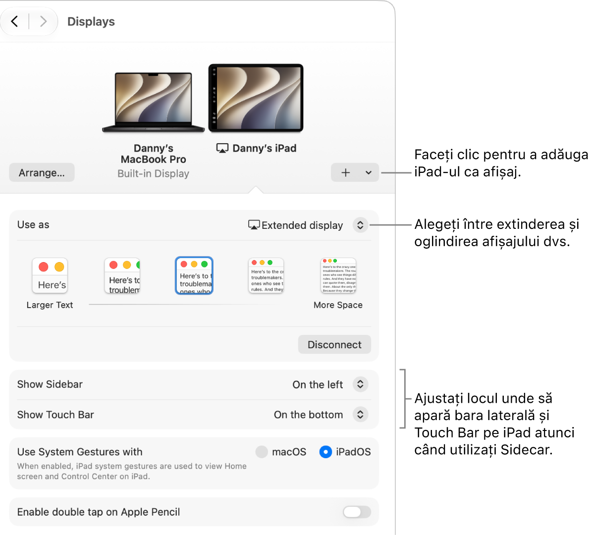 Panoul de configurări Afișaje de pe Mac, afișând opțiunile pentru configurarea Sidecar.