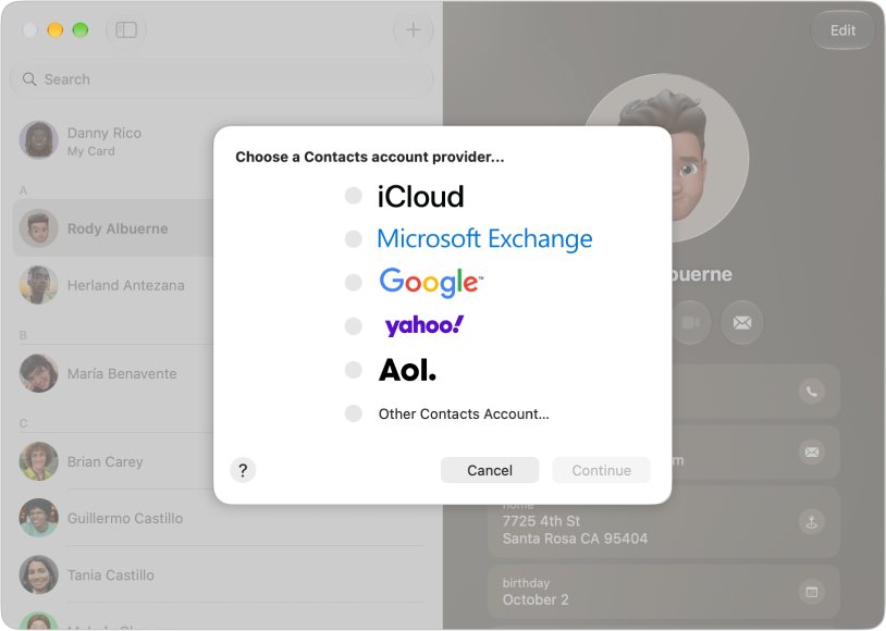 The dialog for choosing a Contacts account provider.