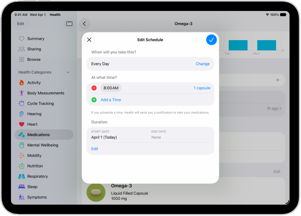 L’écran Traitements dans Santé affichant des options permettant de modifier le programme d’un traitement.