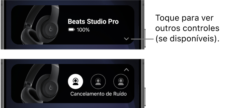 A primeira imagem mostra o widget do app Beats exibindo os fones de ouvido Beats&nbsp;Studio&nbsp;Pro conectados e um botão para mostrar outros controles; a segunda imagem mostra os controle de Cancelamento de ruído no widget.