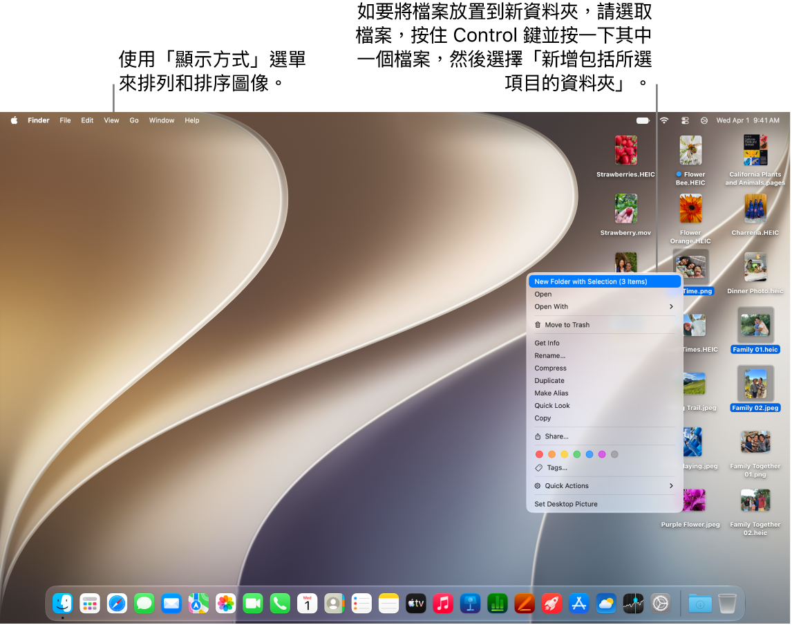 Mac 桌面顯示背景圖片、位於最上方的選單列，以及 Dock，其位於