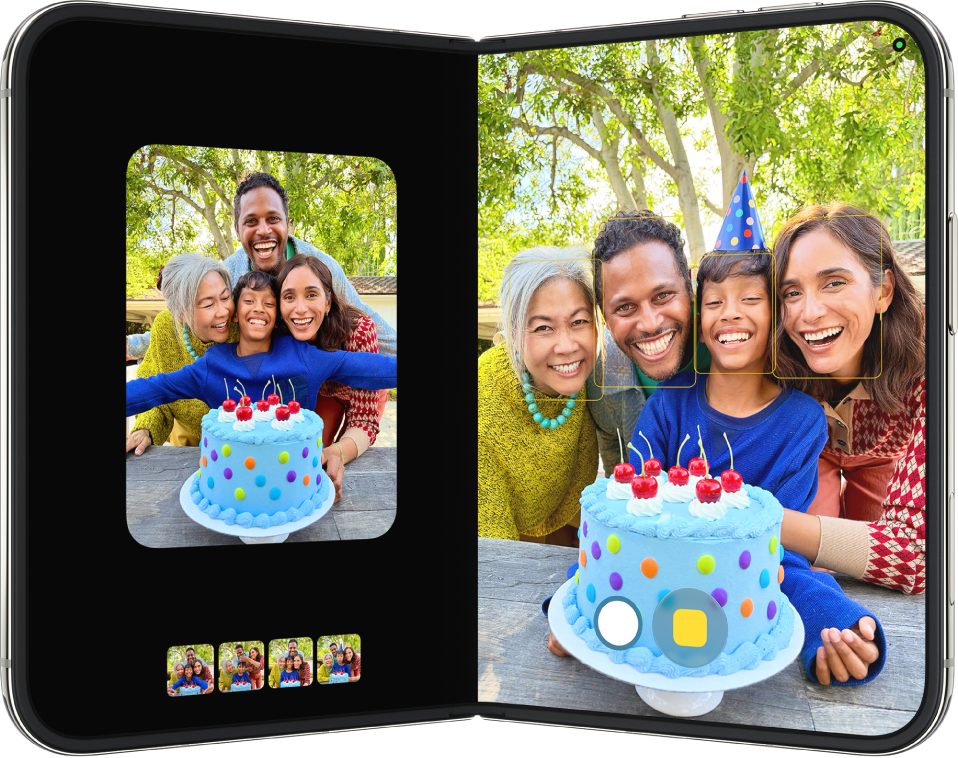 iPhone Duo is partially open and showing the camera view of a group of people on one half and the photos Smart Take has already captured on the other.
