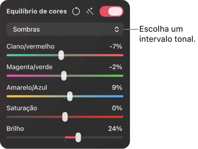 Os controles de Equilíbrio de Cores no painel Ajustes de Cor, incluindo os controles deslizantes de Ciano/Vermelho, Magenta/Verde e Amarelo/Azul.