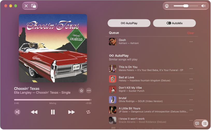 The Apple Music window showing Now Playing on the left, with AutoMix turned on. The queue is on the right.