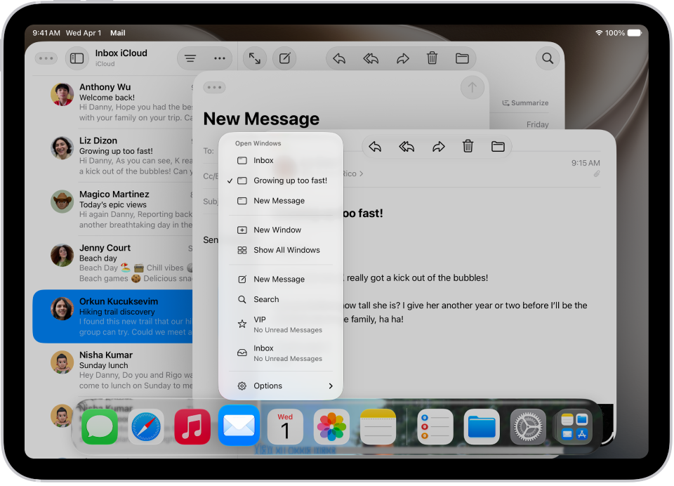 iPad 屏幕显示“邮件” App 的已打开窗口，以及其中一个窗口中 App 的 App 菜单。
