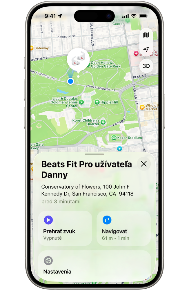 V&nbsp;apke Nájsť na iPhone je na mape San Francisca zobrazená poloha slúchadiel Beats Fit Pro.