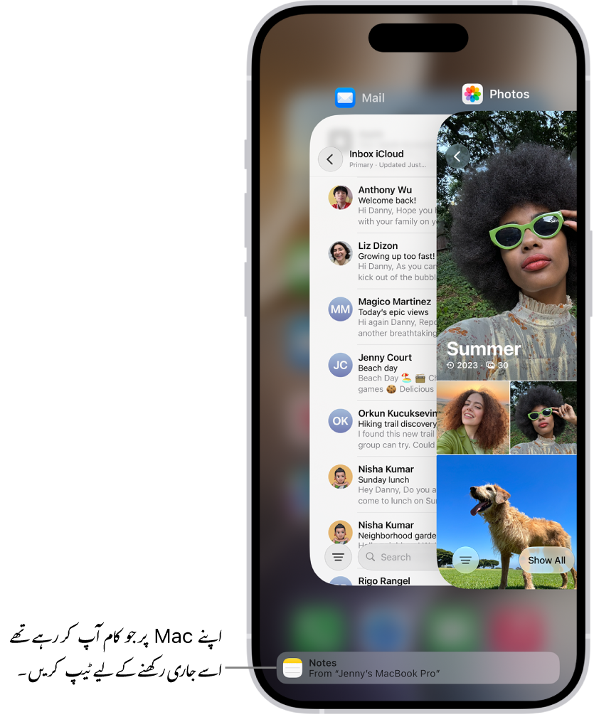 ‏iPhone پر ایپ سوئچر جس میں اسکرین کے نچلے حصے میں Handoff اطلاع دکھائی جا رہی ہے۔