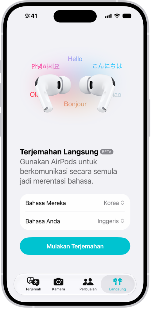 App Terjemah pada iPhone menunjukkan skrin Terjemahan Langsung. Skrin menunjukkan menu timbul untuk memilih bahasa orang lain dan bahasa anda, serta butang untuk memulakan Terjemahan Langsung.