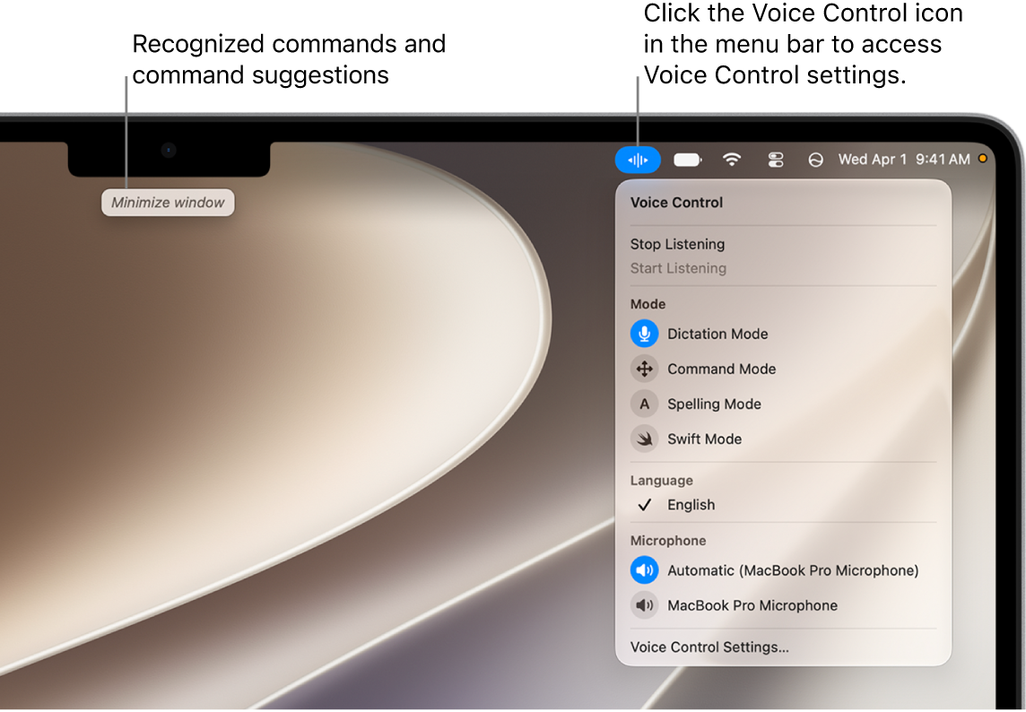 A command suggestion is shown at the top of the desktop. To the right, the Voice Control icon is shown in the menu bar and the Voice Control menu is open.