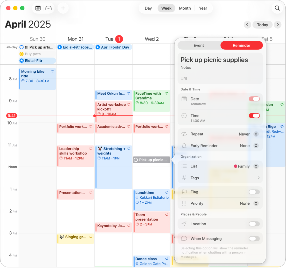 Mac 上的「行事曆」App 視窗，顯示打開的新提醒事項對話框。