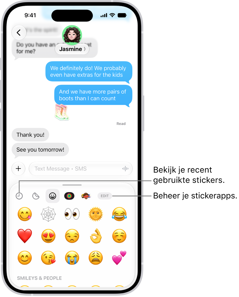 Stickers worden onder een gesprek weergegeven. Met elke knop langs de bovenkant van de kaart open je een stickerpakket.