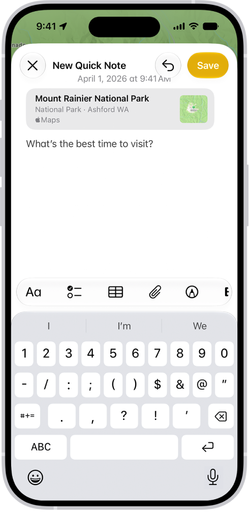 在雷尼爾山國家公園地圖上方的視窗中的「快速備忘錄」。備忘錄中包含地圖連結、照片和文字。