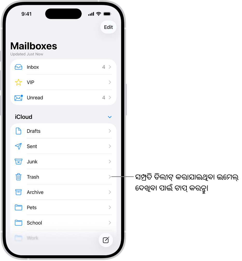 ମେଲ୍‌ବକ୍ସ୍ ସ୍କ୍ରୀନ୍। iCloud ତଳେ, ମେଲ୍‌ବକ୍ସ୍‌ଗୁଡ଼ିକ ଶୀର୍ଷରୁ ତଳ ପର୍ଯ‍୍ୟନ୍ତ ଲିଷ୍ଟ୍ ହୋଇଛି, ଯେଉଁଥିରେ ଟ୍ରାଶ୍ ମେଲ୍‌ବକ୍ସ୍ ଅନ୍ତର୍ଭୁକ୍ତ। ନିକଟରେ ଡିଲିଟ୍ ହୋଇଥିବା ମେସେଜ୍ ଦେଖିବା ପାଇଁ ଏହାକୁ ଟାପ୍ କରନ୍ତୁ।
