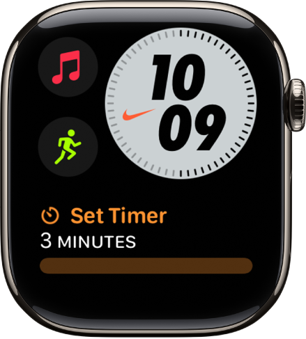 The Nike Compact watch face showing the day and date at the top left, the time at the top right, the Workout complication at the middle left, and the Timers complication.