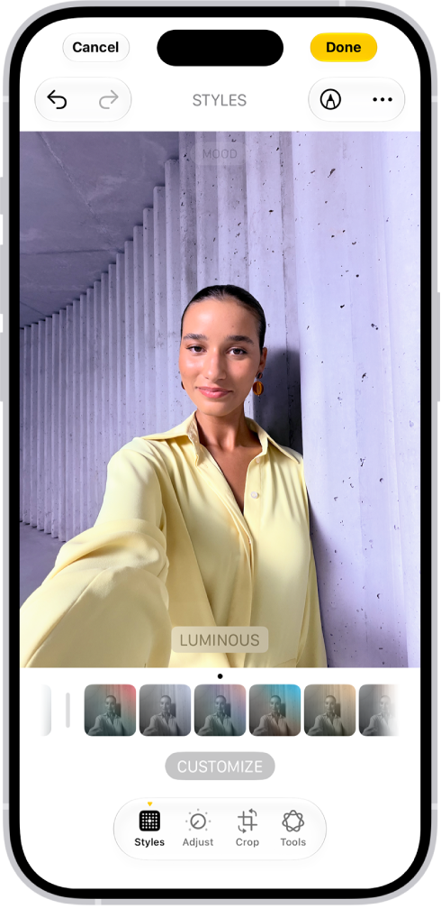 On iPhone, a photo is being edited in the Photos app. The Styles button is selected, and Luminous is selected.