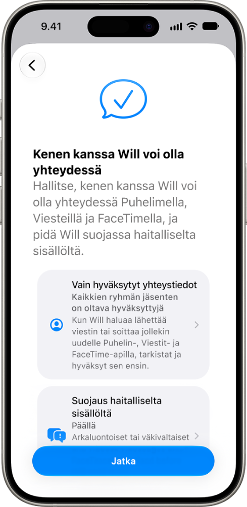 Käyttörajoitusten käyttöönottonäyttö, jossa on eri valintoja sille, kenen kanssa lapsi voi olla yhteydessä.
