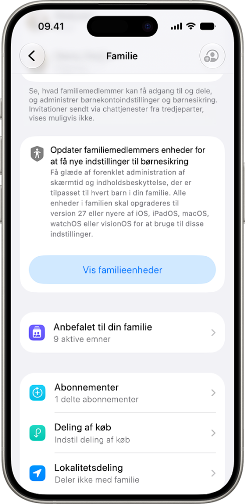 En knap i indstillingerne til Familiedeling viser muligheden for at vise enheder i familien, der skal opdateres til version 27 af iOS, iPadOS, macOS, watchOS og visionOS.